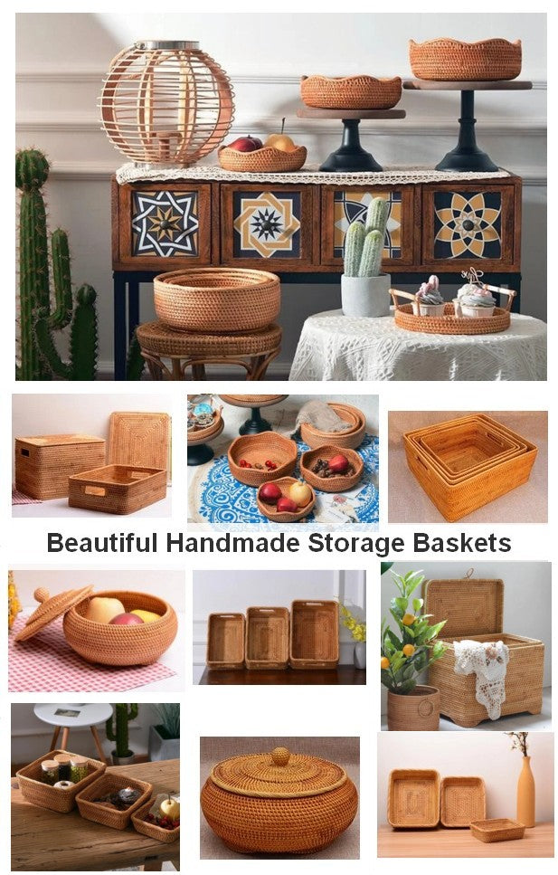 Beautiful Rattan Storage Baskets, Wicker Storage Baskets, Rectangular Storage Basket for Shelves, Round Storage Baskets for Kitchen and Bathroom