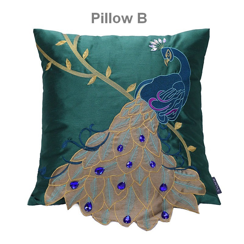 Decorative Sofa Pillows, Decorative Pillows for Couch,Beautiful Decorative Throw Pillows, Green Embroider Peacock Cotton and linen Pillow Cover