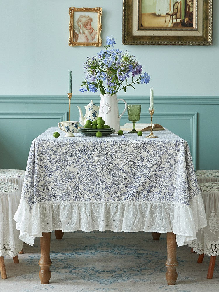 Cotton Rectangle Tablecloth for Dining Room Table, Natural Spring Farmhouse Table Cloth, Blue Flower Pattern Cotton Tablecloth, Square Tablecloth for Round Table