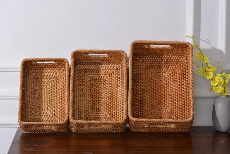 Rectangular Basket with Handle, Rattan Storage Baskets for Shelves, Storage Baskets for Kitchen, Small Woven Storage Baskets