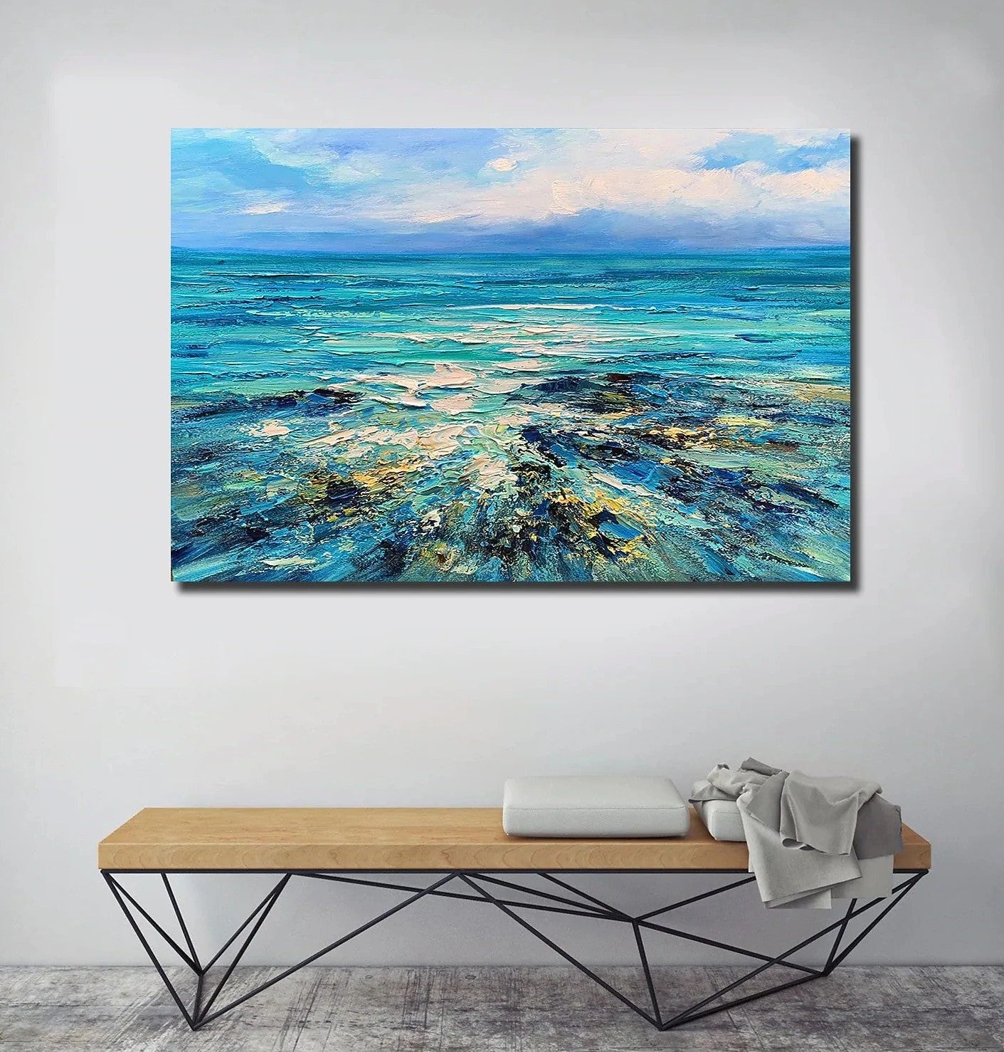 Abstract Landscape Paintings, Blue Sea Wave Painting, Landscape Canvas Paintings, Seascape Painting, Acrylic Paintings for Living Room, Hand Painted Canvas Art
