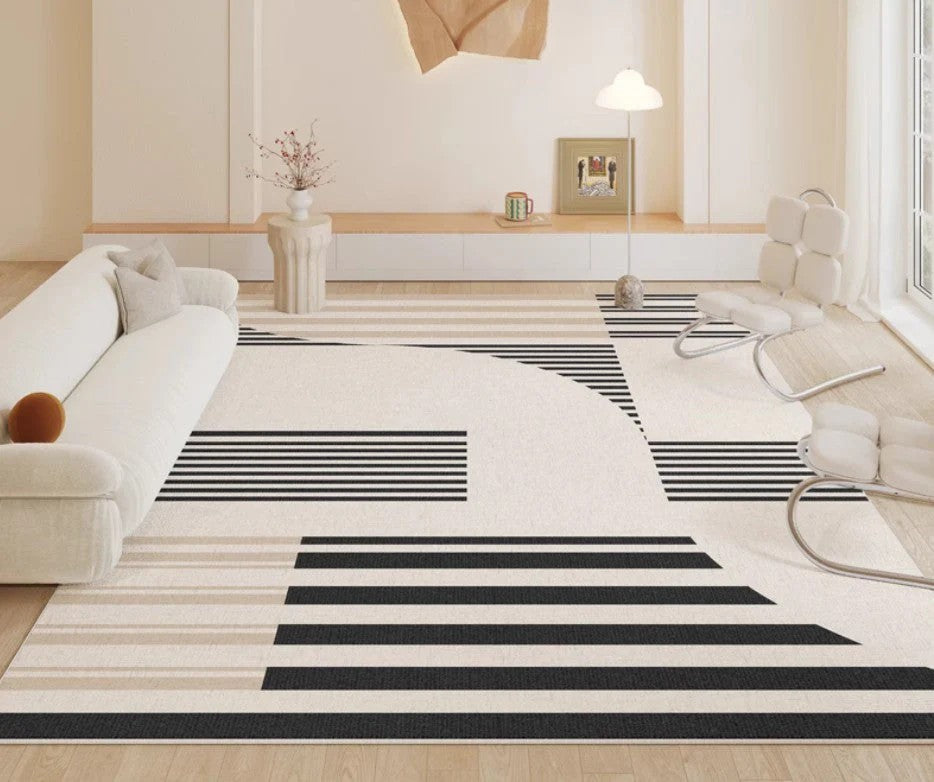 Modern Rugs for Dining Room, Contemporary Modern Rugs, Modern Rugs for Living Room, Black Stripe Abstract Contemporary Rugs Next to Bed