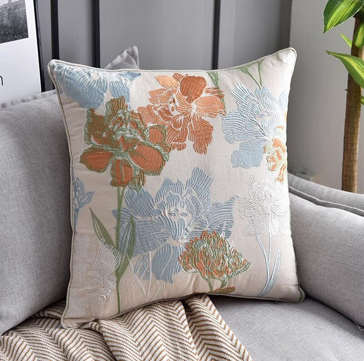 Decorative Sofa Pillows for Couch, Embroider Flower Cotton Pillow