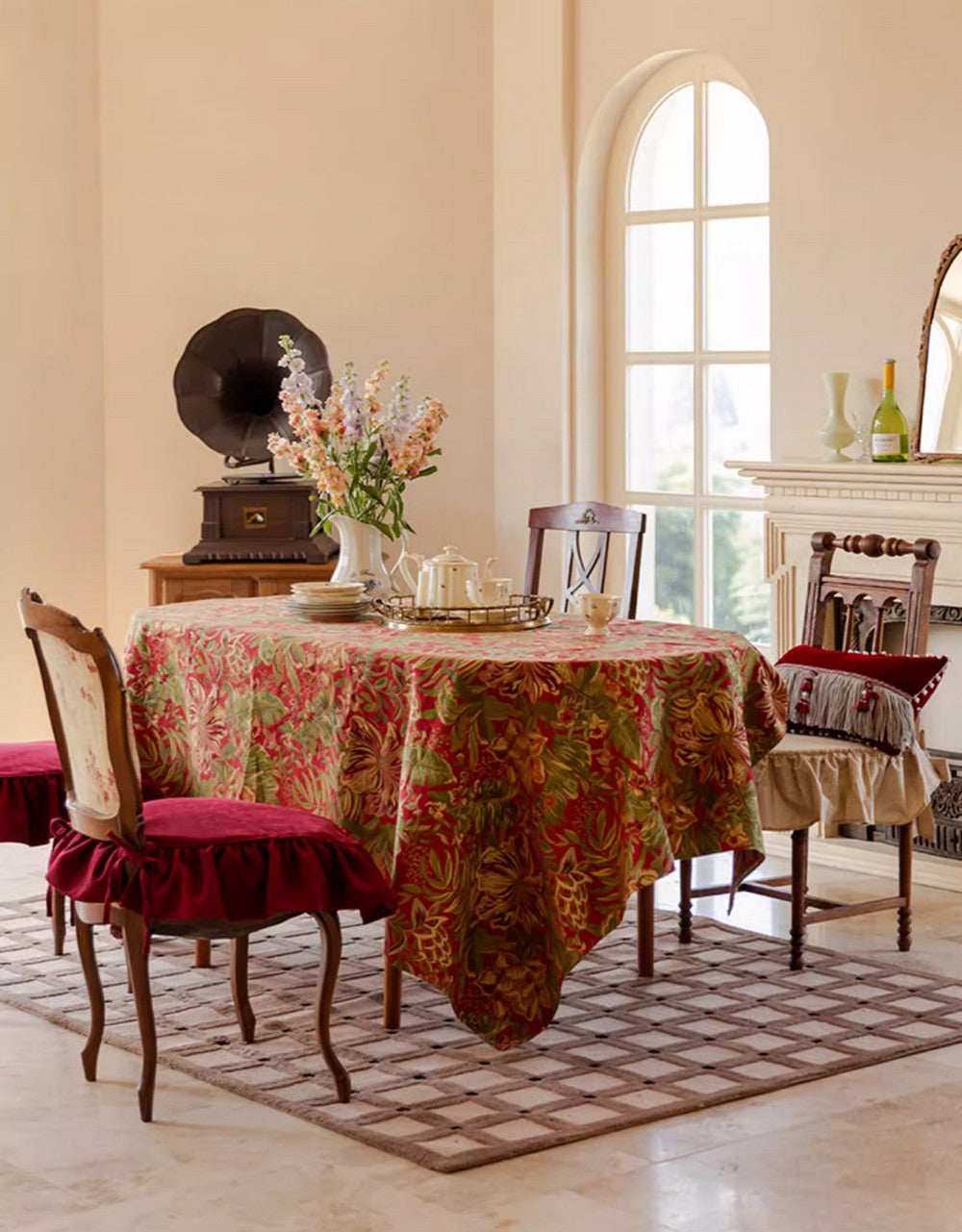 Large Modern Rectangle Tablecloth for Dining Table, Flower Pattern Red Table Covers for Round Table, Farmhouse Table Cloth for Oval Table