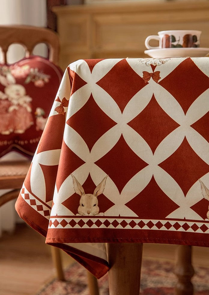 Holiday Red Tablecloth for Dining Table, Rabbit Pattern Table Cover for Dining Room Table, Modern Rectangle Tablecloth for Oval Table