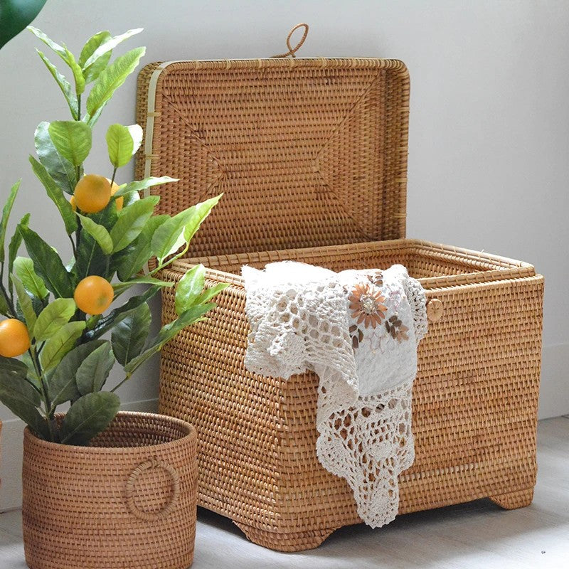 Extra Large Woven Rectangular Basket with Lid, Rattan Storage Baskets, Storage Baskets for Bedroom, Woven Basket with Lid