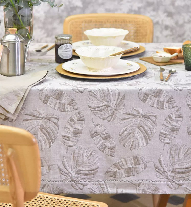 Monstera Leaf Modern Table Cloths for Kitchen, Simple Contemporary Grey Cotton Tablecloth, Large Rectangle Table Covers for Dining Room Table, Square Tablecloth for Round Table