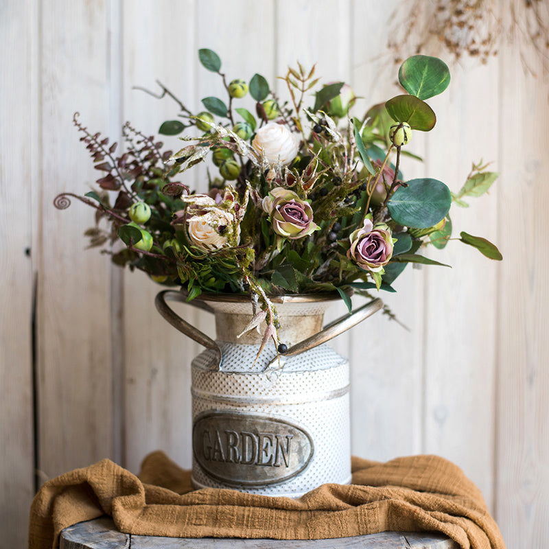 Eucalyptus leaves. Rose. Ranunculus Asiaticus Flowers. Beautiful Modern Flower Arrangement  for Living Room. Ctreative Artificial Floral  for Home Decoration