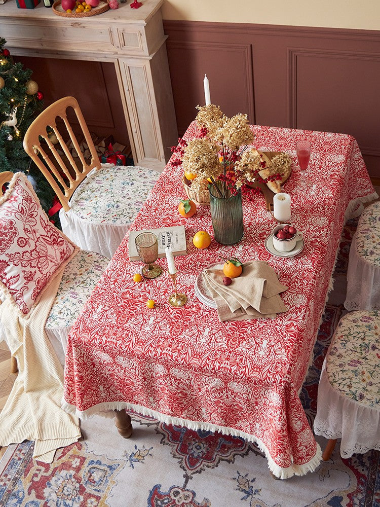 Large Fiberflax Rectangle Tablecloth for Home Decoration, Red Flower Pattern Tablecloth for Holiday Decoration, Square Tablecloth for Round Table