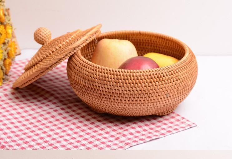 Woven Storage Basket with Lid, Cute Round Storage Basket, Rattan Storage Basket for Kitchen