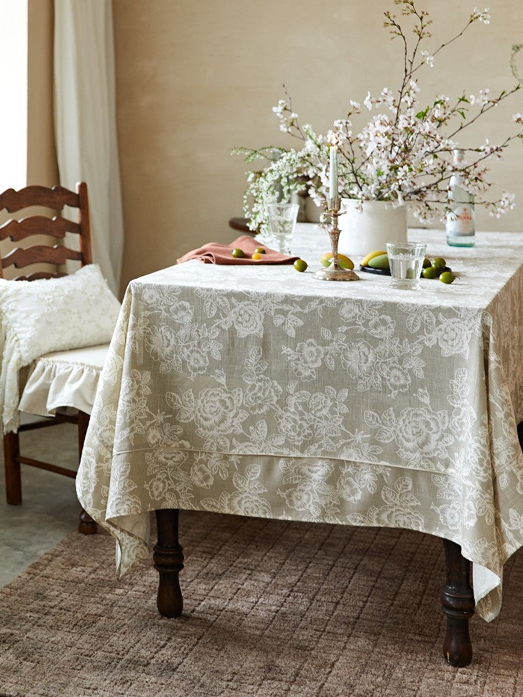 French Flower Pattern Tablecloth for Round Table, Vintage Rectangle Tablecloth for Dining Room Table, Rustic Farmhouse Table Cover for Kitchen