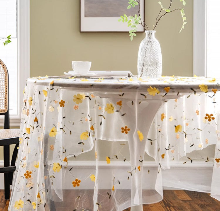 Yellow Flower Lace Tablecloths, Extra Large Rectangular Tablecloth for Oval Table, Lace Embroidered Table Covers, Rectangular Table Covers for Coffee Table