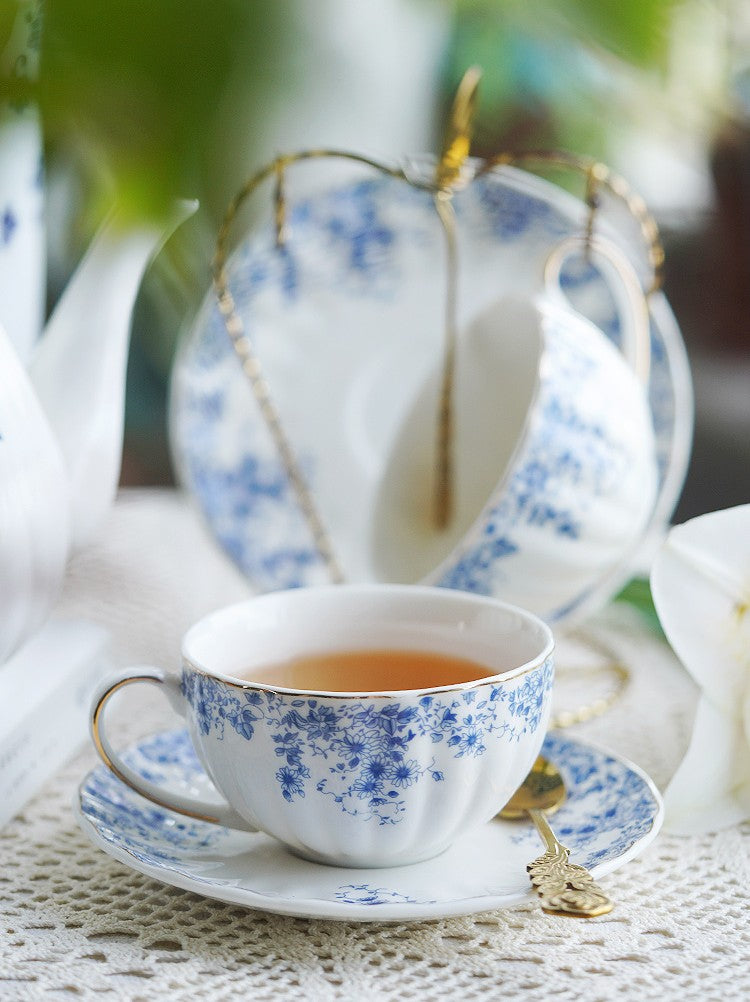 Blue Bone China Porcelain Tea Cup Set. Royal Ceramic Cups. Unique Blue Tea Cup and Saucer in Gift Box. Elegant Ceramic Coffee Cups