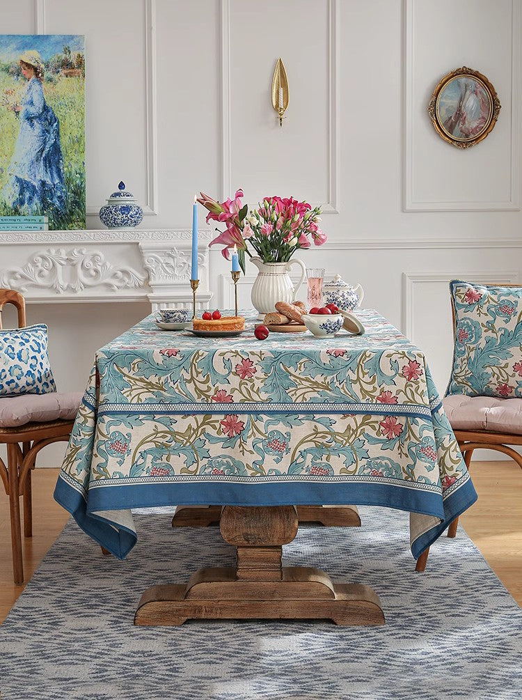 Blue Flower Rectangle Table Cloth, Modern Rectangular Tablecloth Ideas for Dining Table, Square Linen Tablecloth for Coffee Table