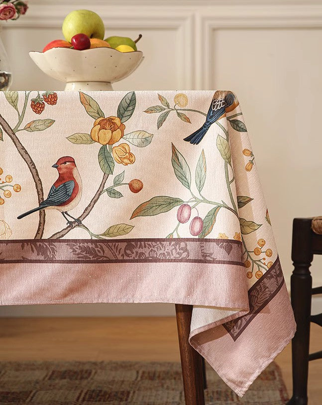 Bird and Fruit Tree Kitchen Table Cover, Linen Table Cover for Dining Room Table, Tablecloth for Round Table, Simple Modern Rectangle Tablecloth Ideas for Oval Table