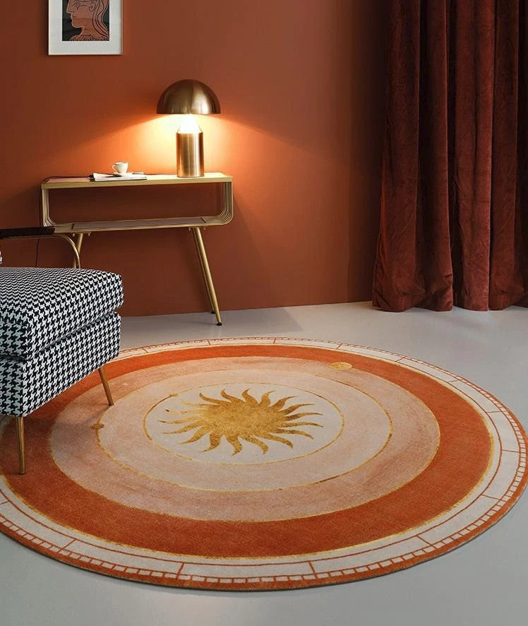 Round Area Rug for Dining Room, Orange Modern Area Rug, Coffee Table Rugs, Large Rugs for Living Room, Contemporary Area Rugs for Bedroom