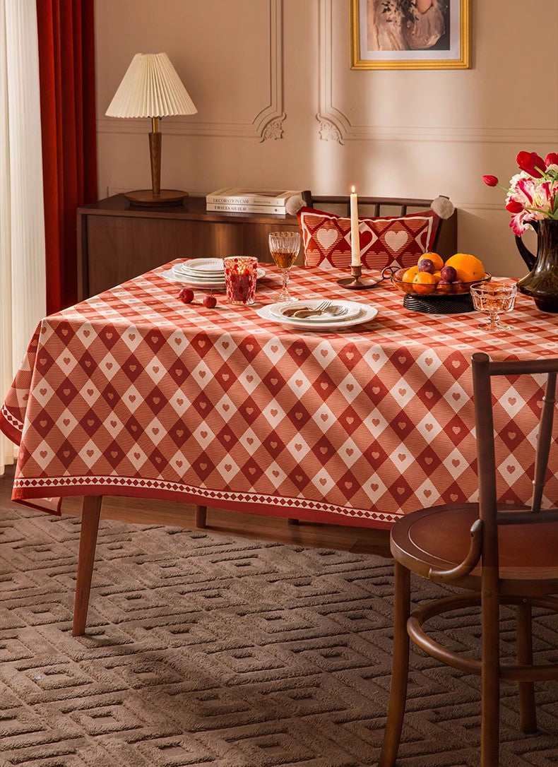 Red Heart-shaped Table Cover for Dining Room Table, Holiday Red Tablecloth for Dining Table, Modern Rectangle Tablecloth for Oval Table