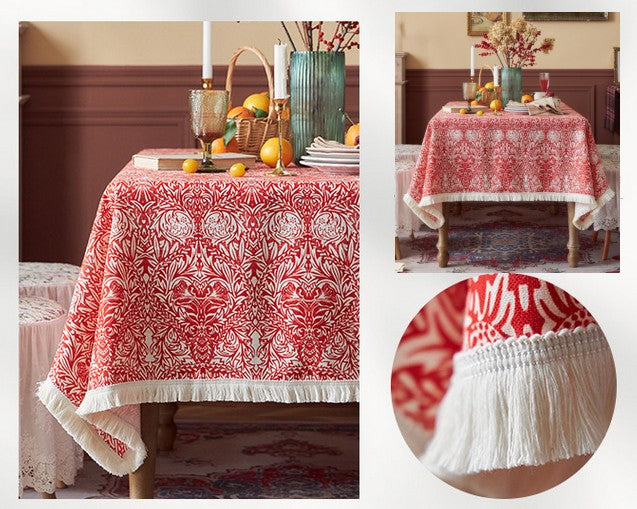 Large Fiberflax Rectangle Tablecloth for Home Decoration, Red Flower Pattern Tablecloth for Holiday Decoration, Square Tablecloth for Round Table