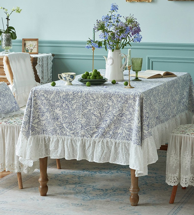 Cotton Rectangle Tablecloth for Dining Room Table, Natural Spring Farmhouse Table Cloth, Blue Flower Pattern Cotton Tablecloth, Square Tablecloth for Round Table