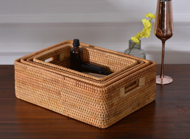 Large Handmade Rattan Storage Basket, Rectangular Basket with Handle, Storage Baskets for Kitchen and Bedroom