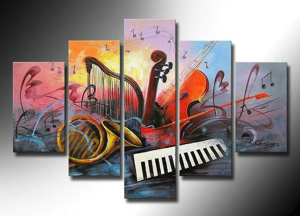 Musical Instrument Painting, Living Room Abstract Acrylic Painting, Violin, Saxophone, Harp, 5 Piece Abstract Wall Art Paintings