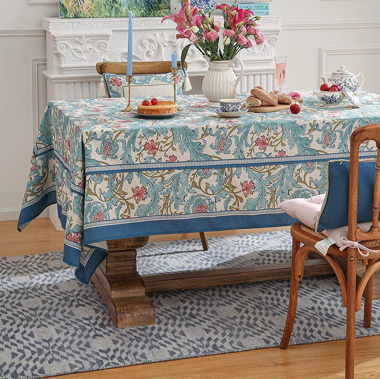 Blue Flower Rectangle Table Cloth, Modern Rectangular Tablecloth Ideas for Dining Table, Square Linen Tablecloth for Coffee Table