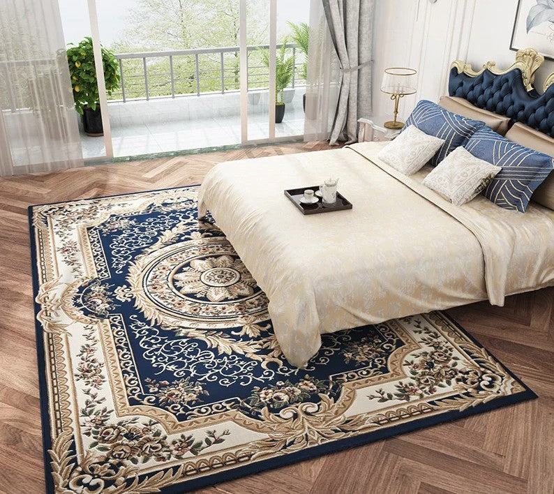 Bedroom Thick Blue Area Rugs, Large Thick and Soft Flower Pattern Floor Rugs for Farmhouse, Oversized Soft Floor Carpets for Living Room