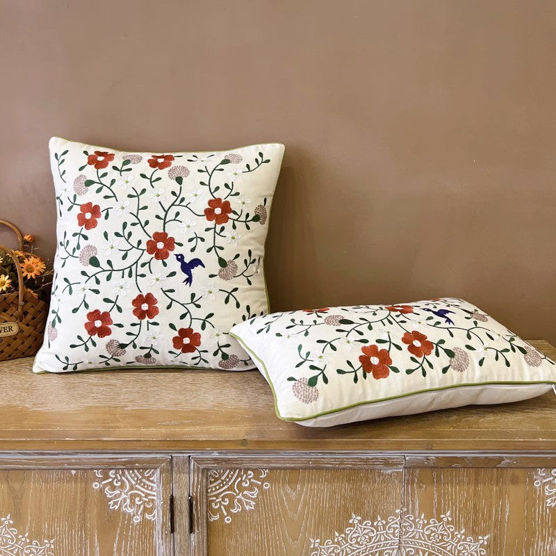 Decorative Sofa Pillows for Couch, Embroider Flower Cotton Pillow