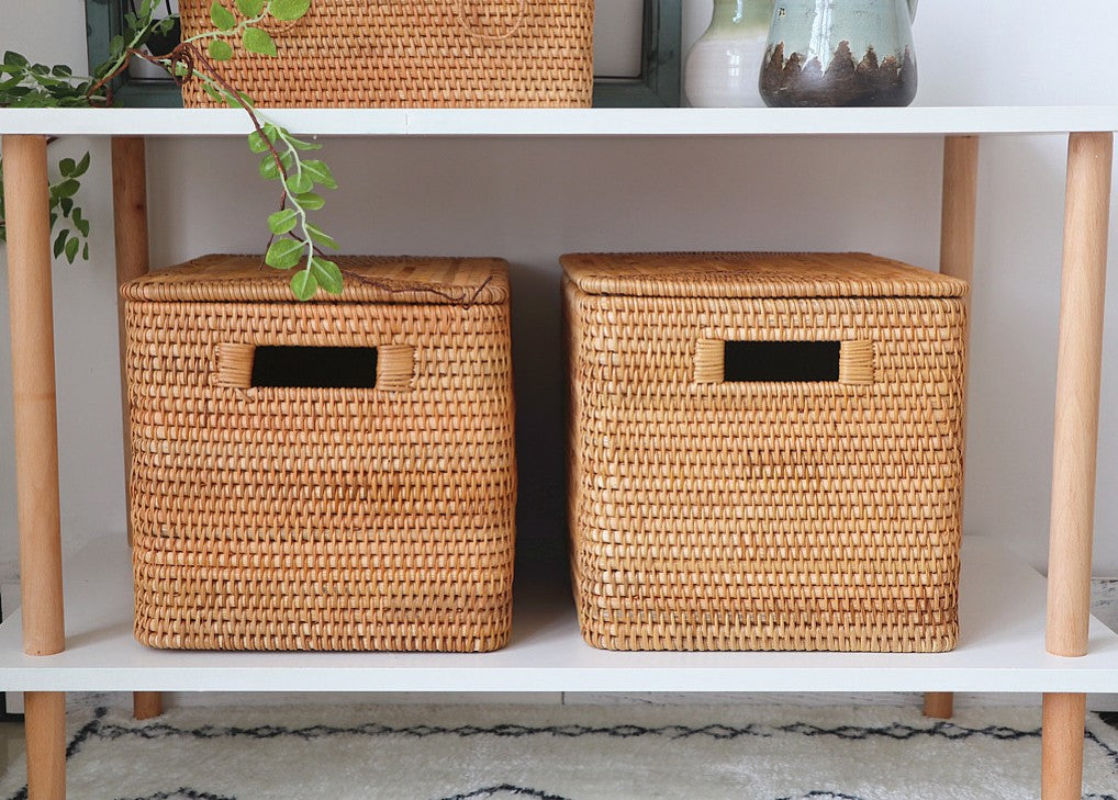 Rectangular Storage Baskets for Shelves With Solid Wooden Bases