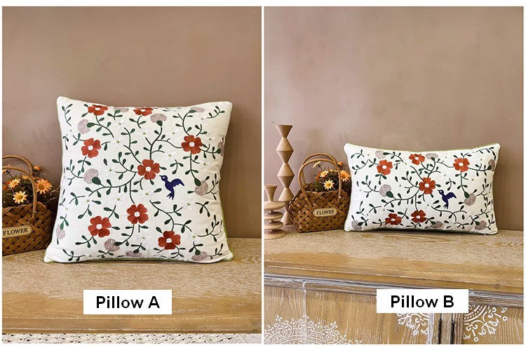 Bird Spring Flower Decorative Throw Pillows, Farmhouse Sofa Decorative Pillows, Embroider Flower Cotton Pillow Covers, Flower Decorative Throw Pillows for Couch