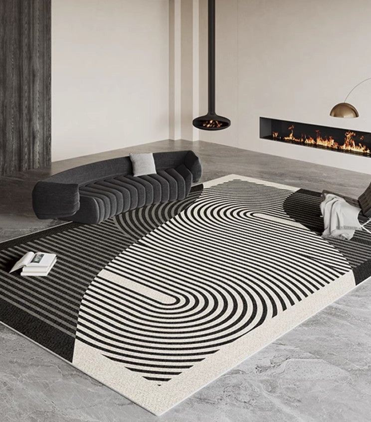Geometric Contemporary Rugs Next to Bed, Black Stripe Contemporary Modern Rugs, Modern Rugs for Living Room, Modern Rugs for Dining Room