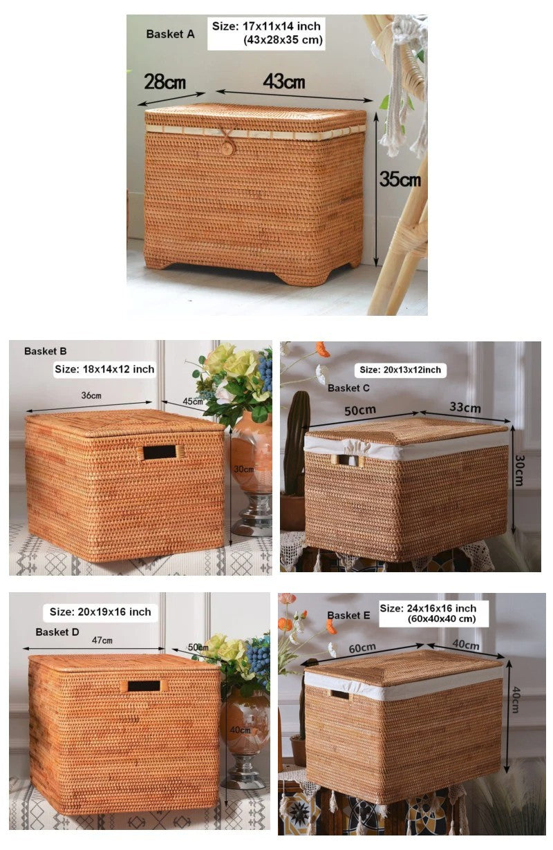 Large Rectangular Storage Basket with Lid, Rattan Storage Case, Storage Baskets for Bedroom, Rectangular Woven Storage Baskets for Clothes