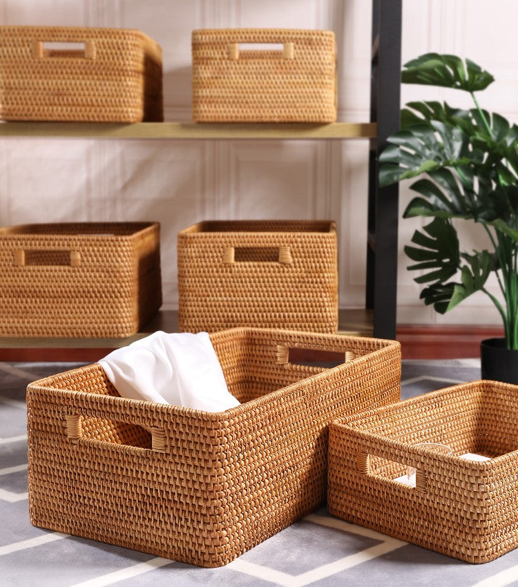 Storage Basket for Shelves, Large Rectangular Storage Baskets, Storage Baskets for Kitchen, Woven Rattan Storage Baskets for Bedroom