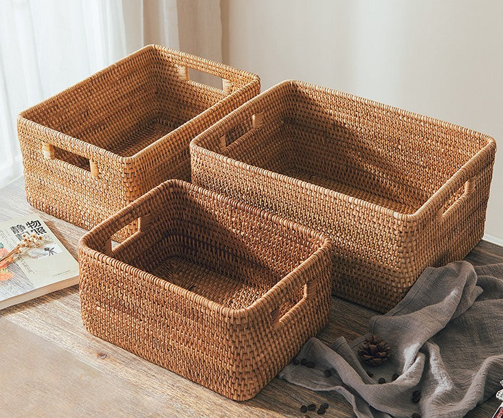 Rectangular Storage Baskets for Pantry, Small Rattan Kitchen Storage B