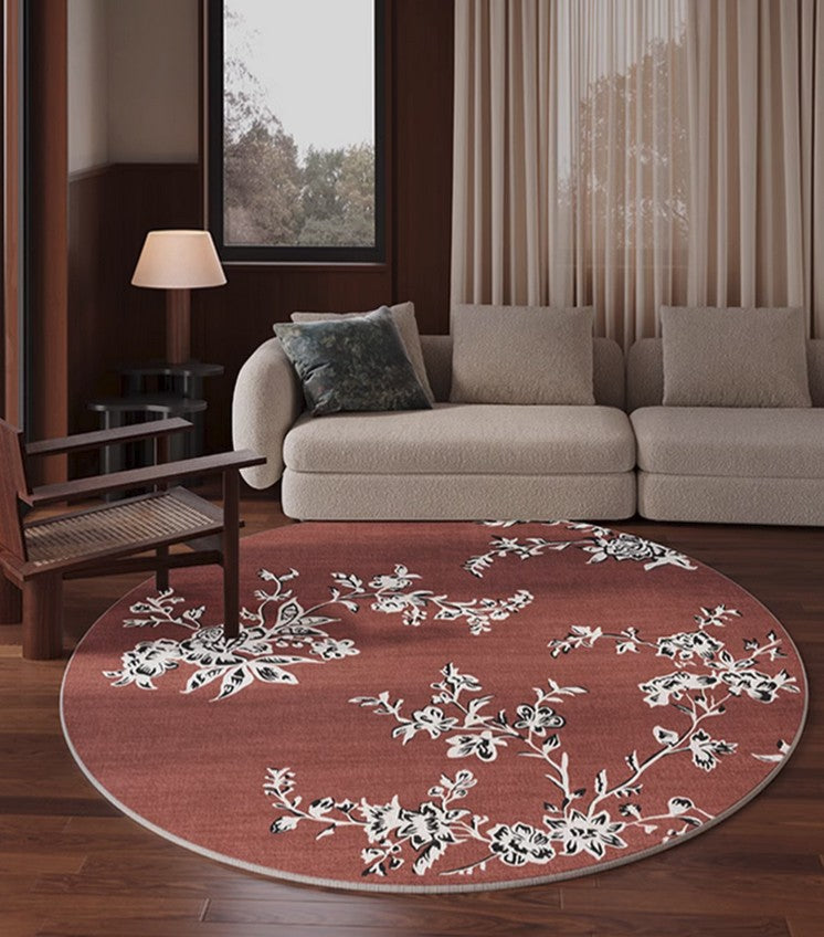 Abstract Contemporary Round Rugs, Modern Rugs for Dining Room, Flower Pattern Modern Rugs for Bathroom, Circular Modern Rugs under Coffee Table