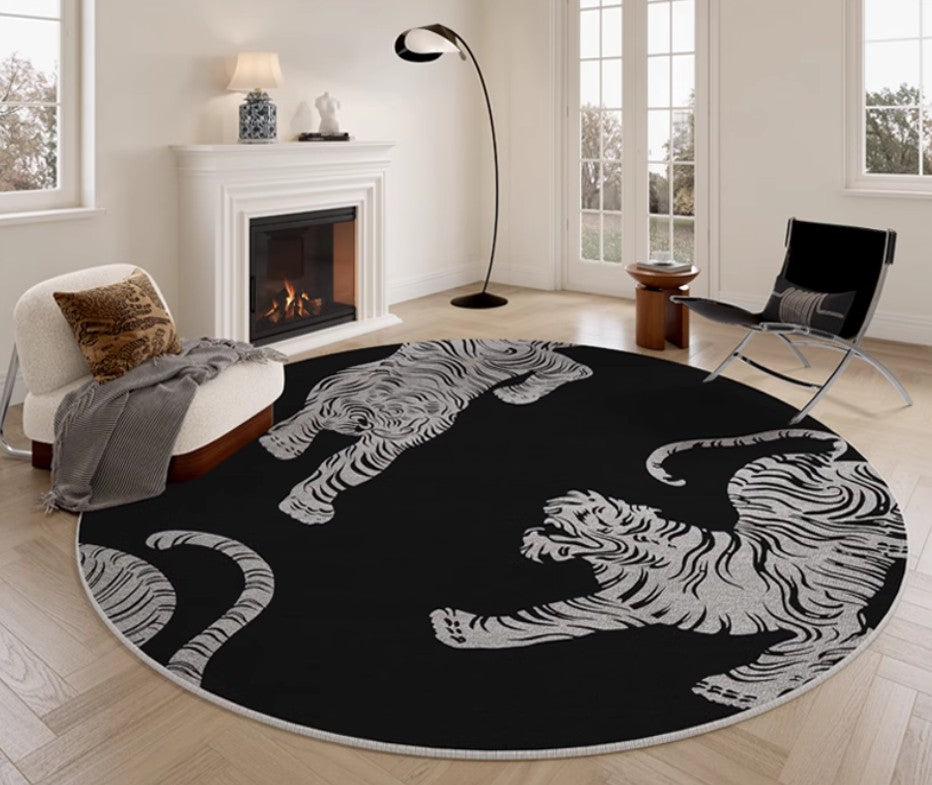 Modern Rugs for Dining Room, Tiger Black Modern Rugs for Bathroom, Abstract Contemporary Round Rugs, Circular Modern Rugs under Coffee Table
