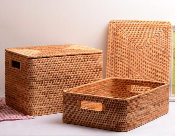 Rectangular Storage Basket with Lid, Rattan Storage Baskets for Shelves, Kitchen Storage Baskets, Storage Baskets for Clothes, Laundry Woven Baskets-Paintingforhome