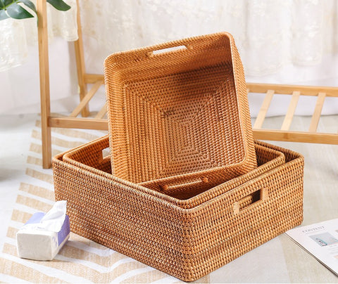 Large Rectangular Storage Basket with Lid, Rattan Storage Case, Storag –  Paintingforhome