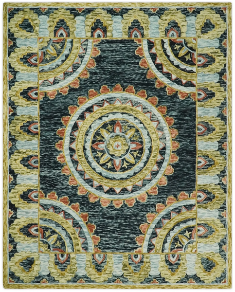 HAND TUFTED BLUE, RUST AND MOSS GREEN MEDALLION PATTERN TRADITIONAL WOOL AREA RUG