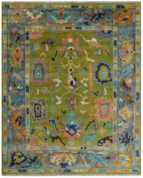 Green, Gray and Peach Colorful Hand knotted Traditional Oushak wool Area Rug