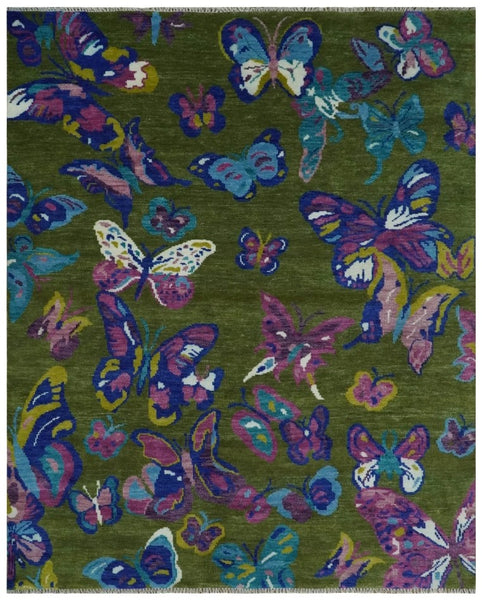 Vibrant Garden of Butterfly Green and Purple Hand knotted Multi size wool Area Rug