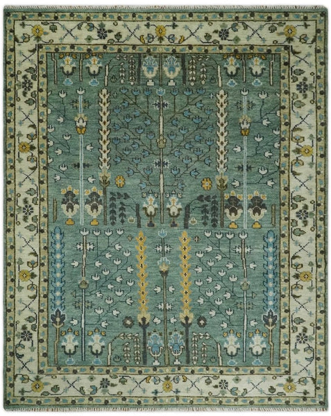 Aqua Hand Knotted Blue and Ivory Traditional Turkish Vintage Style Wool Rug