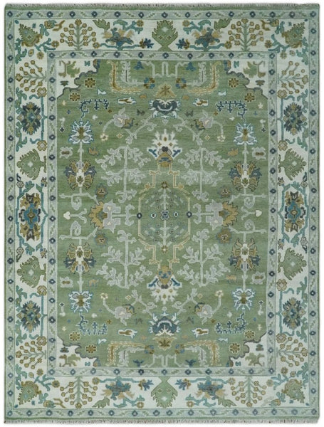 Green, Ivory and Silver Traditional Turkish Hand Knotted Wool Rug