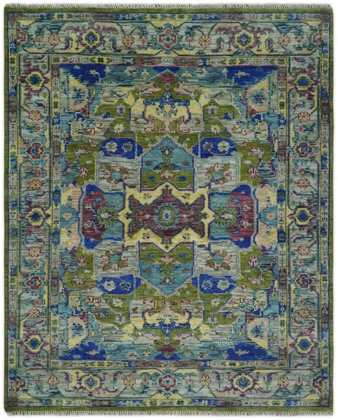 Modern Colorful Moss Green, Blue and Silver Traditional Turkish Design Heriz Wool Area Rug