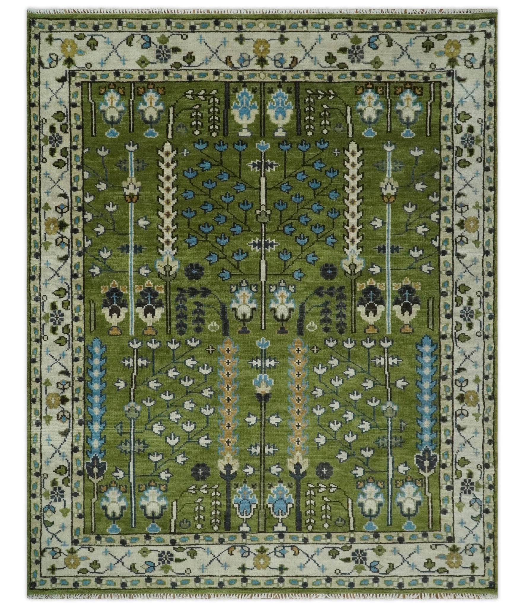 Hand Knotted Royal Green and Ivory Traditional Turkish Style Tree Of Life Multi Size Wool Area Rug