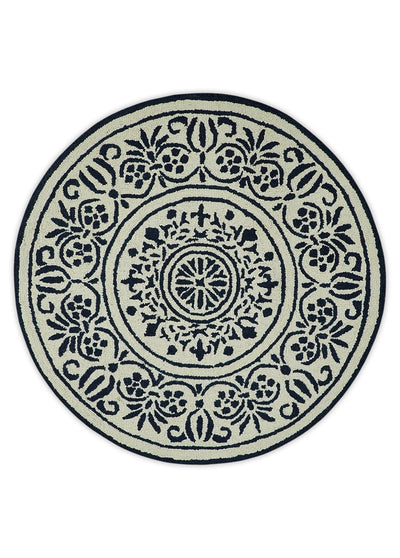 Ivory, Rust and Blue Round Hand Tufted Floral Farmhouse Wool Area Rug – The  Rug Decor