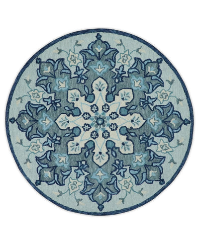 Hand Hooked Blue and Aqua Contemporary Round Traditional Ikat Pattern Wool  Area Rug