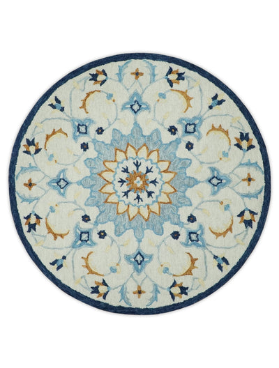 Round Blue and Gray Hand Hooked Medallion Wool Area Rug – The Rug Decor