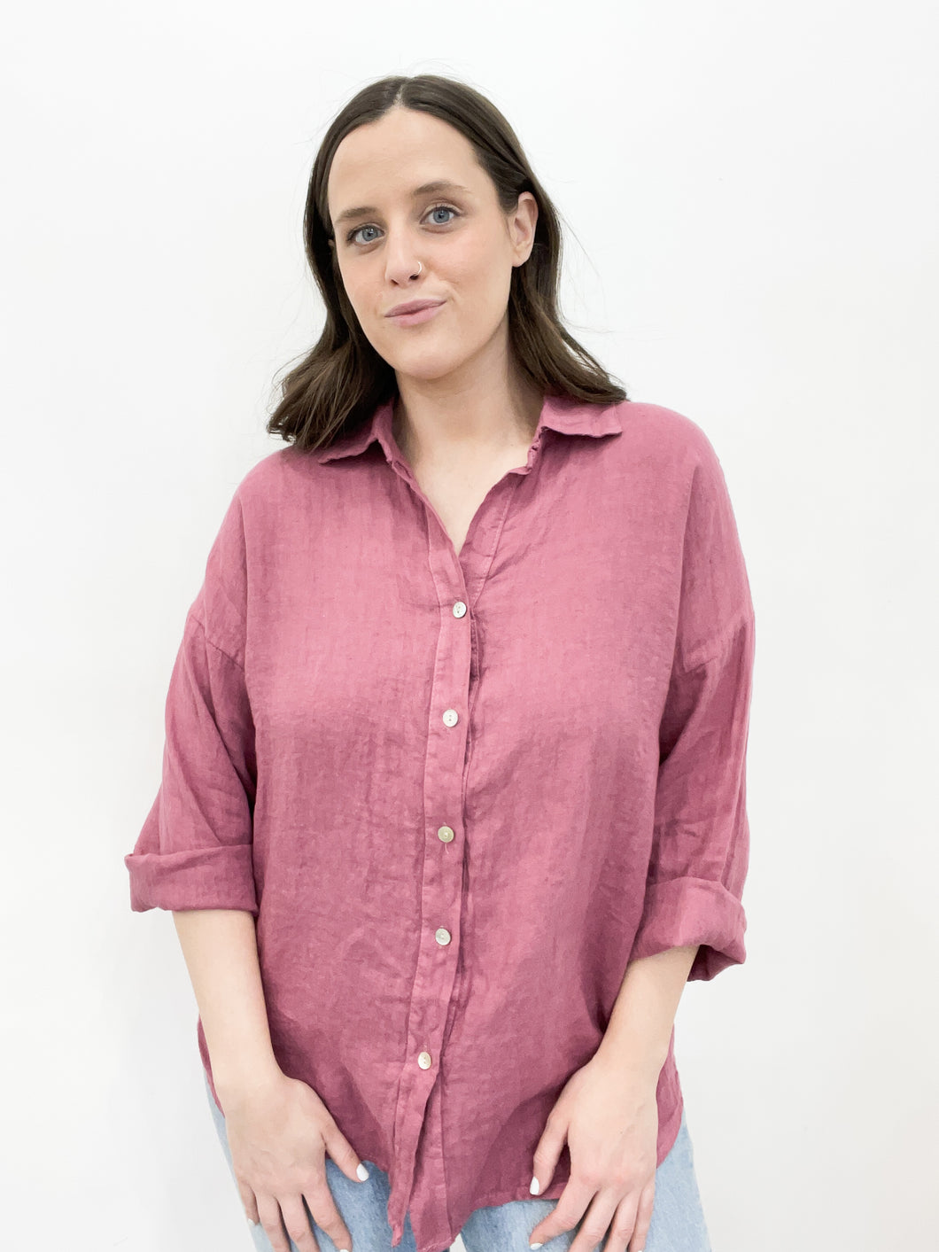 Fiji Linen Button Up Top in Berry