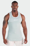 Front View of Sage Green Script Ribbed Fitted Tank
